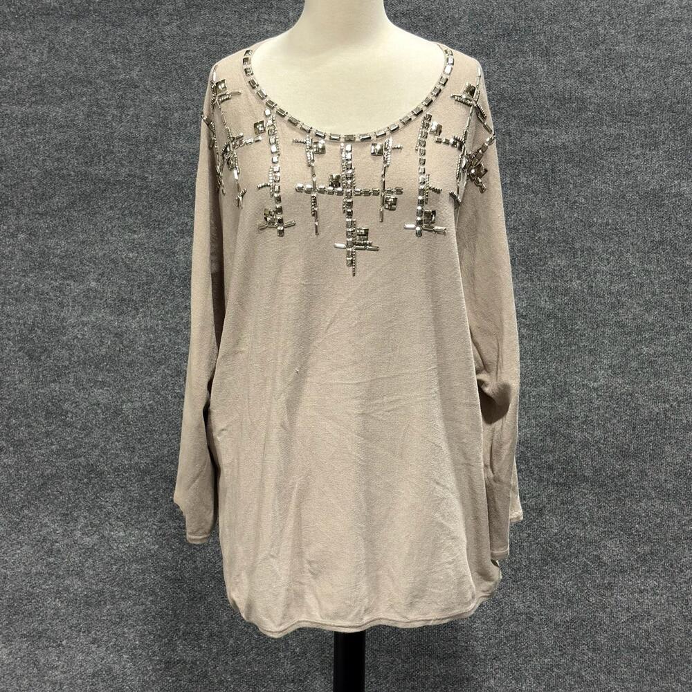 Ruby Rd Shirt Womens 2X Beige Beaded Dolman Sleeve Scoop Neck Tunic Top